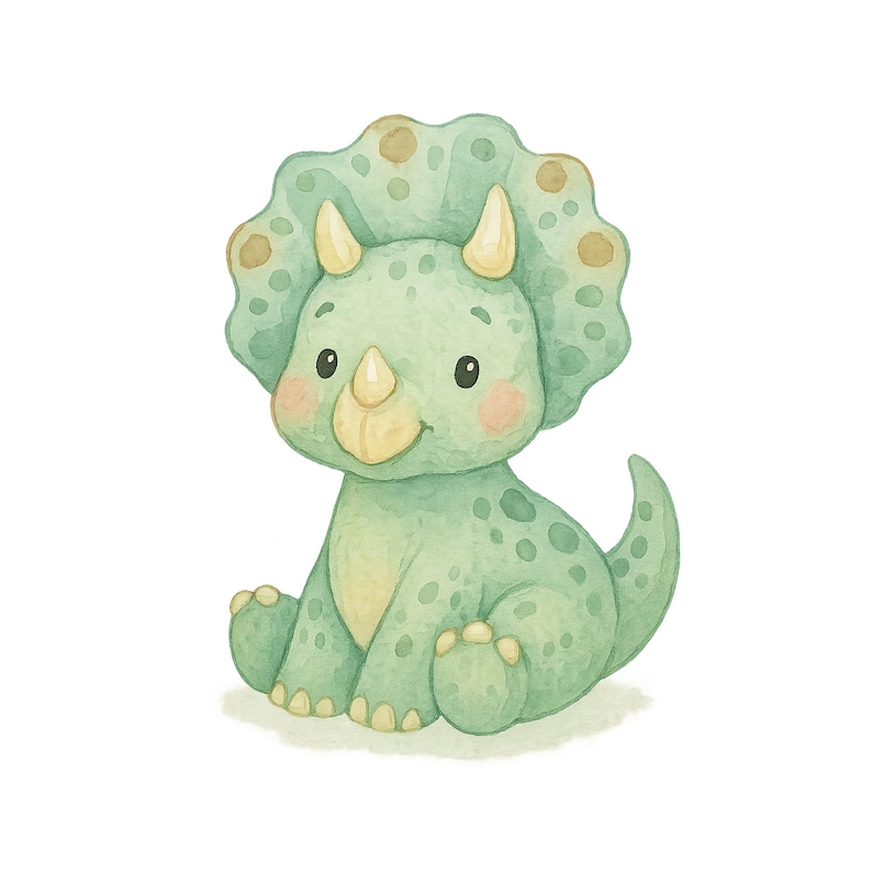 May include: A cute green watercolor illustration of a cartoon triceratops dinosaur with yellow horns and a yellow nose. The dinosaur is sitting with its tail curled behind it.
