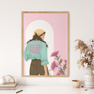 Cita feminista empoderadora - Ilustración de mujer segura. Descargar póster vertical A1, A3, A4, A5