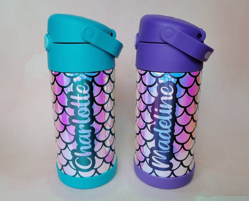 Insulated Kids Water Bottle, Personalized Mermaid Water Bottle, back to school, custom holographic mermaid print with name, straw and lid