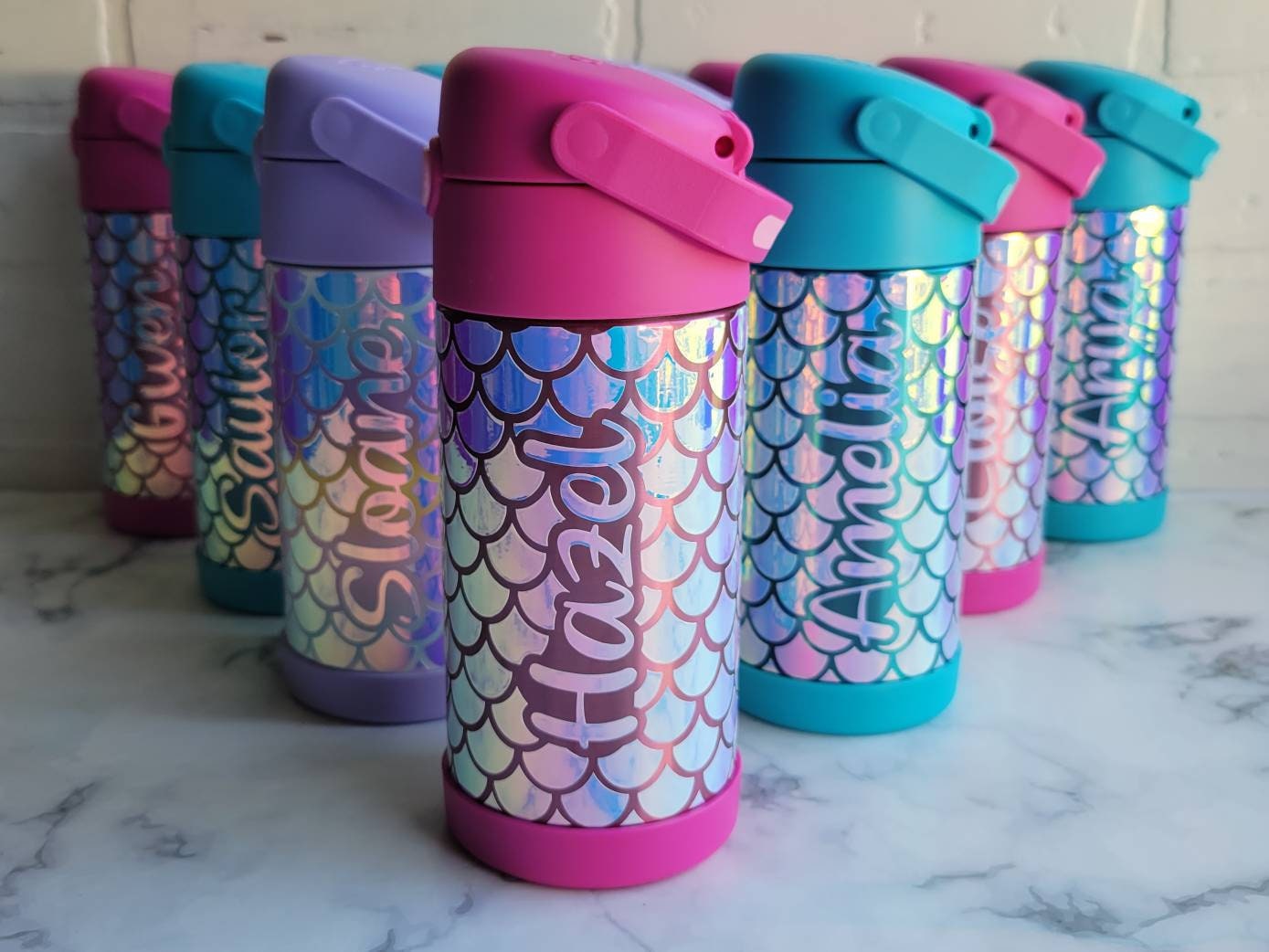 Insulated Kids Water Bottle, Personalized Mermaid Water Bottle, back to school, custom holographic mermaid print with name, straw and lid