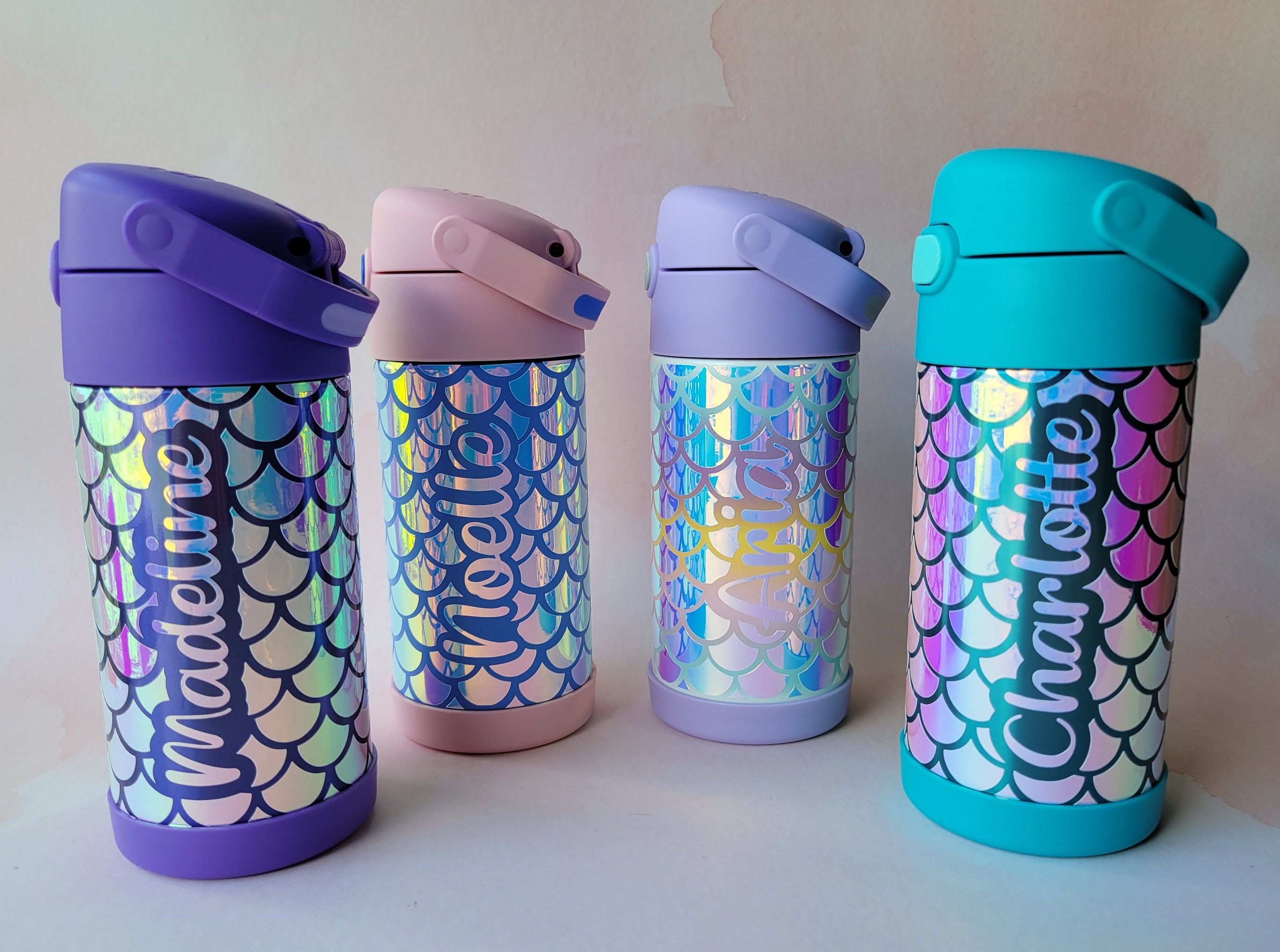 Insulated Kids Water Bottle, Personalized Mermaid Water Bottle, back to school, custom holographic mermaid print with name, straw and lid
