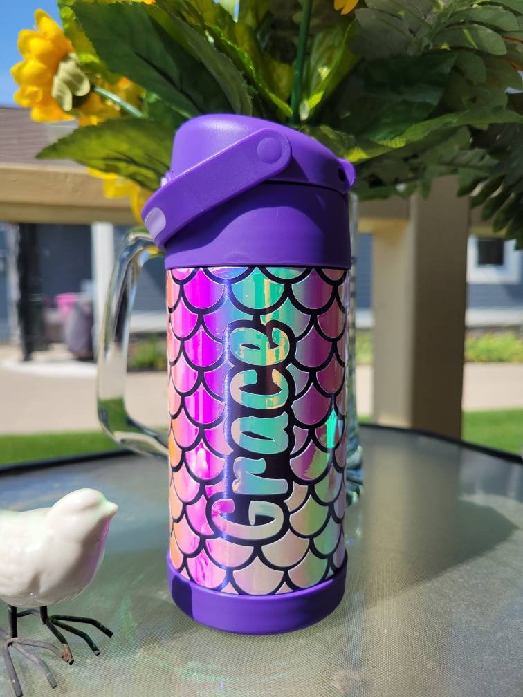 Insulated Kids Water Bottle, Personalized Mermaid Water Bottle, back to school, custom holographic mermaid print with name, straw and lid