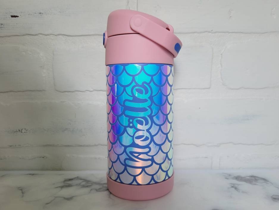 Insulated Kids Water Bottle, Personalized Mermaid Water Bottle, back to school, custom holographic mermaid print with name, straw and lid