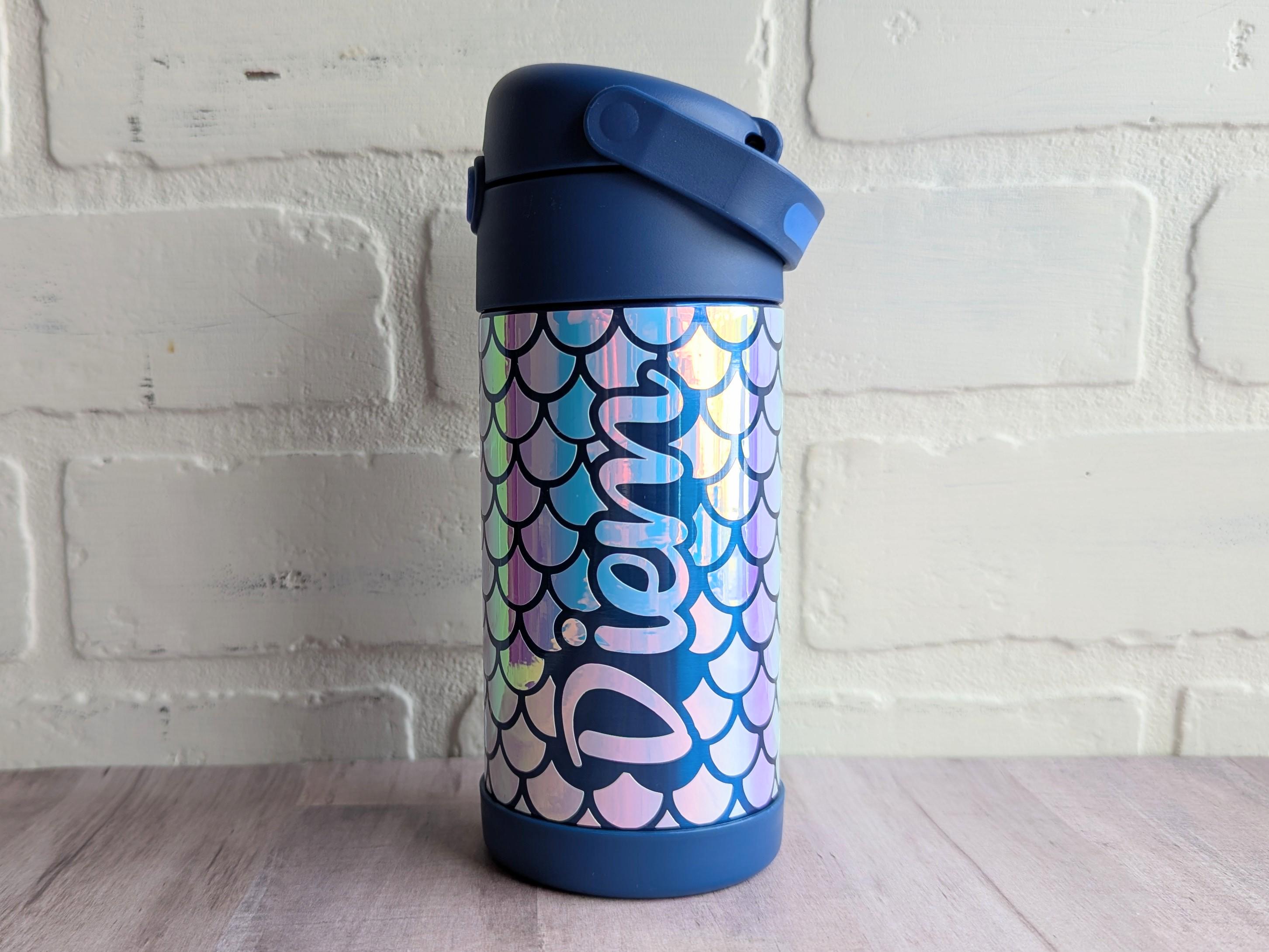 Insulated Kids Water Bottle, Personalized Mermaid Water Bottle, back to school, custom holographic mermaid print with name, straw and lid