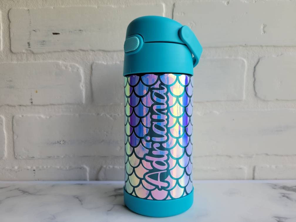 Insulated Kids Water Bottle, Personalized Mermaid Water Bottle, back to school, custom holographic mermaid print with name, straw and lid
