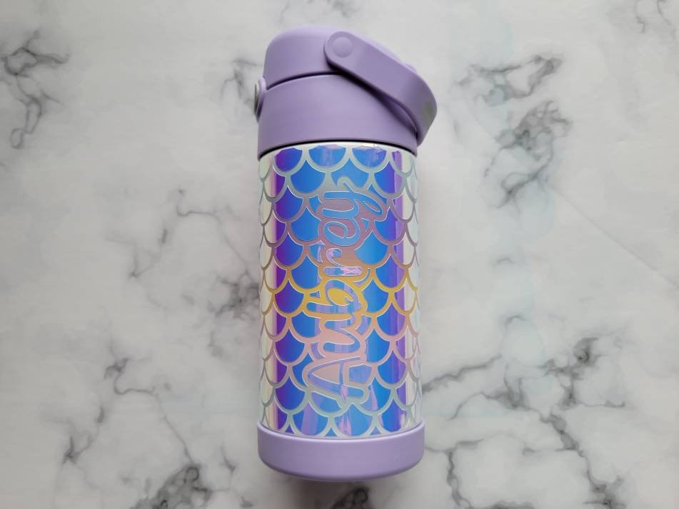 Insulated Kids Water Bottle, Personalized Mermaid Water Bottle, back to school, custom holographic mermaid print with name, straw and lid