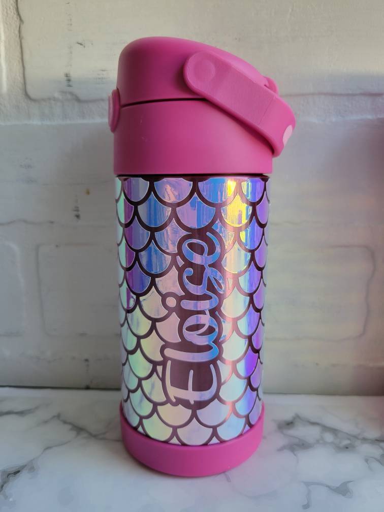 Insulated Kids Water Bottle, Personalized Mermaid Water Bottle, back to school, custom holographic mermaid print with name, straw and lid