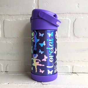 Insulated Kids Water Bottle, Personalized Ballet Water Bottle, back to school, custom holographic ballerinas with name, straw and lid