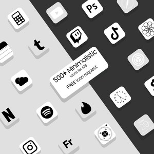Op de afbeelding: Een verzameling van minimalistische zwart-wit pictogrammen voor iOS-apps, waaronder pictogrammen voor sociale media, muziek, weer en meer. De tekst "500+ Minimalistic Icons for iOS FREE icon request" wordt weergegeven op een wit rechthoek.
