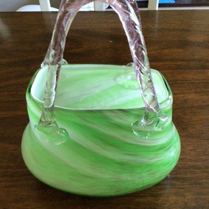 Hand Blown Murano Style Art Glass Swirl Hand Bag Purse Vase, Vintage Murano Green Pink Glass Purse Vase, Wedding Gift, Anniversary Gift,