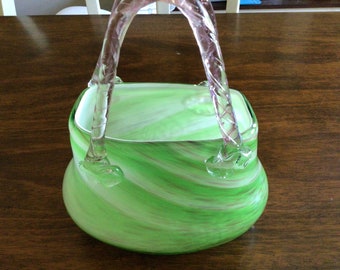 Hand Blown Murano Style Art Glass Swirl Hand Bag Purse Vase, Vintage Murano Green Pink Glass Purse Vase, Wedding Gift, Anniversary Gift,