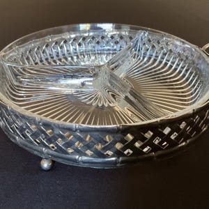 Vintage Metal Caddy Basket with 3 Dividing Glass Dish, Tray with Divider Glass Insert, DIvided Serving Platter,Candy Relish Serving Dish