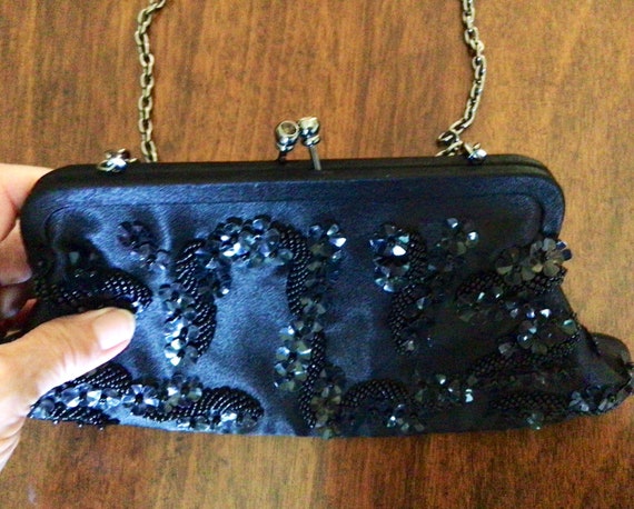 Vintage art deco Beaded and sequin Black gold Evening Bag purse – Loved &  Loved Again