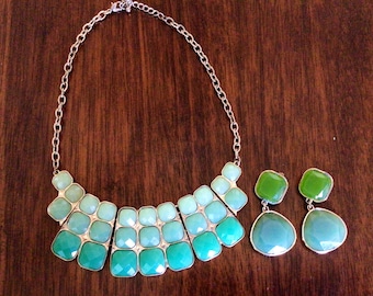 Vintage Green Necklace Set: Boho Choker and Dangle Earrings