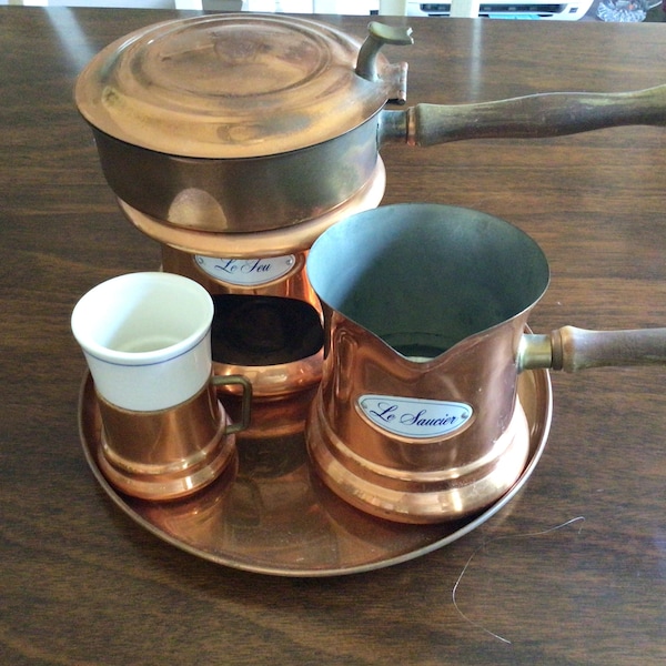 Copper Turkish Copper Ibrik Coffee Set made by Teleflora, Le Saucier and Le Feu Vintage 6 Piece Turkish Copper Coffee Maker Set,