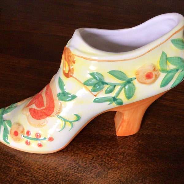 Ceramic Shoe, Vintage Ceramic Shoe, Orange Shoe, Ceramic Shoe Planter, Floral Shoe Planter, Collectible Ceramic Shoe,