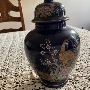 Japanese Kutani Ginger Jar, Hand Painted Ginger Jar, Collectible Japanese Jar, Vintage Peacock Ginger Jar, Cobalt Blue Gold Trim Ginger Jar,