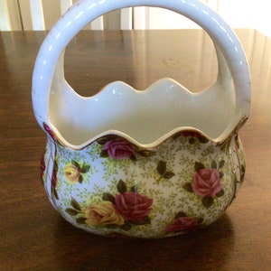 Vintage Floral Porcelain Basket with Handles, Vintage Formalities By Baum Brothers Porcelain Basket, Pink Roses Vintage Porcelain Basket,