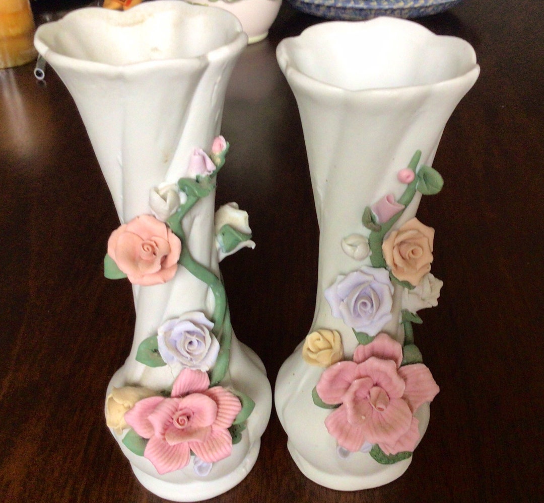 Set of Vintage Hand Painted Bud Vases Wedding Ceramic Rose Etsy