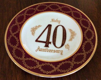 Beautiful 40s Anniversary Plate, Burgundy Anniversary Plate, Ruby Anniversary Plate, Vintage Anniversary Plate, Porcelain Anniversary Plate