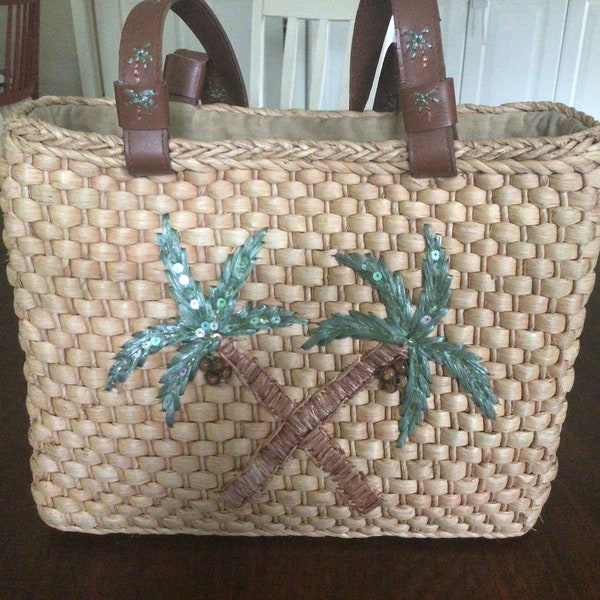 Vintage Embroidered Cappelli  Straw Bag with Leather Handles, Boho Straw Bag,  Hippie Hand Bag, Summer Beach Bag, Palm Tree Decor Straw Bag,