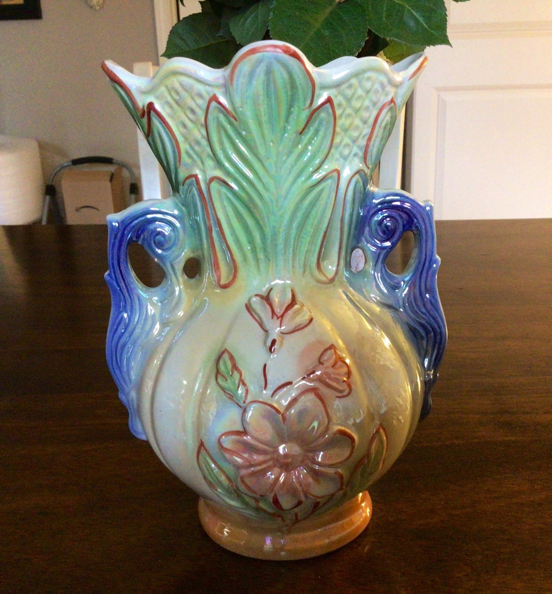 Vintage Made in Brazil Hand Painted Vase, Iridescent Finish Vase, Hand