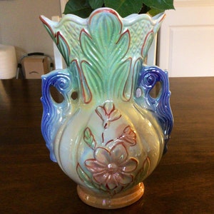Vintage Iridescent Lusterware Vase: Hand-Painted Floral Ceramic, Made in Brazil