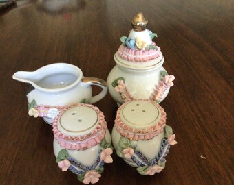 Vintage Porcelain Creamer Sugar Salt and Pepper Set, Shabby Chic Creamer Sugar Salt and Pepper Set, Victorian Style Sugar Creamer Salt Set,