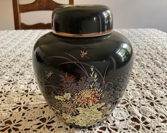 Vintage Japanese Porcelain Ginger Jar: Black Floral Vase with Gold Accents