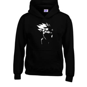 May include: Black hooded sweatshirt featuring a white graphic of a character with spiky hair and a face covering. The design is a stylized silhouette, with details like the character's headband and facial features. The sweatshirt has a kangaroo pocket and a drawstring hood.