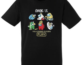 May include: Black t-shirt with a graphic of characters from the video game Among Us. The text "Among Us" is at the top of the graphic. Below the characters is the text "You looking sus bro" and "PLAY".