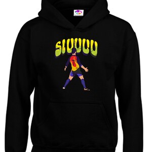 May include: Black hooded sweatshirt with a graphic of a soccer player in a yellow and red jersey with the word "SIUUUU" in a yellow and green font.