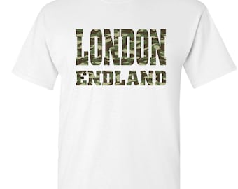 London England Military Font T-Shirt for Kids & Adults | Unisex Camouflage Design | Stylish London Streetwear