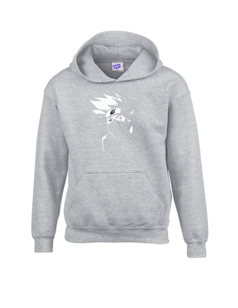 May include: A gray hooded sweatshirt with a white graphic of a character's face. The sweatshirt has a front pocket and a drawstring hood. The graphic is a stylized illustration of a character with spiky hair and a mask.