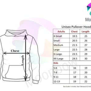 May include: White unisex pullover hoodie with size chart. The chart provides chest, length, and sleeve measurements in inches for adult and kids sizes. The Moonbow logo is in the upper right corner.