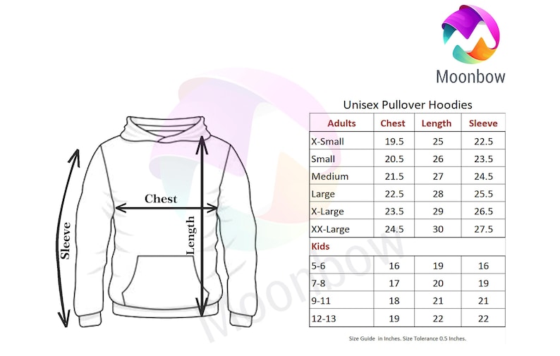 May include: White unisex pullover hoodie with size chart. The chart provides chest, length, and sleeve measurements in inches for adult and kids sizes. The Moonbow logo is in the upper right corner.