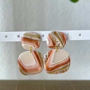 Large rounded square clay agate earring in adobe palette