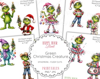 Green Christmas Creature, Grinchy Fussy Cuts, Scrapbook Ephemera (Digital Download)