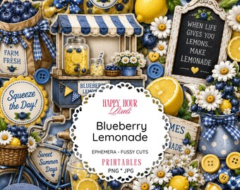 Blueberry Lemonade Summer Junk Journal, Fussy Cuts, Scrapbook Paper (PDF, PNG, JPG)
