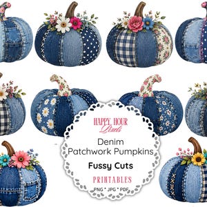 May include: A collection of ten decorative pumpkins crafted from various blue denim patchwork fabrics, featuring floral patterns, gingham, and polka dots. Each pumpkin is topped with a brown stem and adorned with colorful artificial flowers.