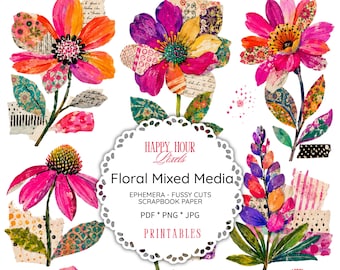 Floral Mixed Media Fussy Cuts, Junk Journal Ephemera, Scrapbooking Botanical Printables