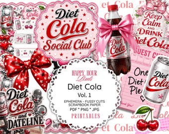 Retro Pink Diet Cola Ephemera, Junk Journal Fussy Cuts (PDF PNG JPG) Clipart