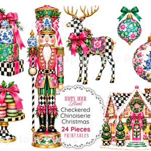 May include: A digital collection of 24 Christmas-themed illustrations featuring a nutcracker, a reindeer, a gingerbread house, stacked gifts, ornaments, and macarons. The designs incorporate black and white chequered patterns, pink bows, and blue and white chinoiserie motifs. Text reads: Happy Hour Pixels, Checkered Chinoiserie Christmas, 24 Pieces Printables.