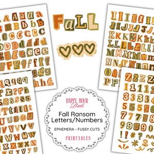 May include: A collection of printable sheets featuring ransom-style letters, numbers, and symbols in autumn-inspired shades of orange, brown, and green. The set includes the text "Happy Hour Pixels Fall Ransom Letters/Numbers EPHEMERA - FUSSY CUTS PRINTABLES".