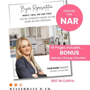 Könnte beinhalten: Ein rosa-weißer druckbarer Leitfaden für Hauskäufer mit dem Text "Buyer Representation" und "What I will do for you!" Der Leitfaden enthält eine 18-seitige Broschüre und eine zusätzliche Adressänderungscheckliste. Der Leitfaden ist für NAR aktualisiert.