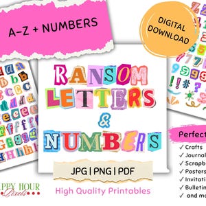 May include: A digital download set of ransom-style letters and numbers featuring colorful, multi-patterned characters in various fonts. The collection includes uppercase and lowercase letters, digits zero through nine, and symbols in JPG, PNG, and PDF formats.