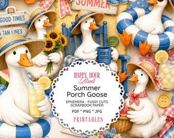 Summer Porch Goose Ephemera, Fussy Cuts, Scrapbook Paper (PDF, PNG, JPG)