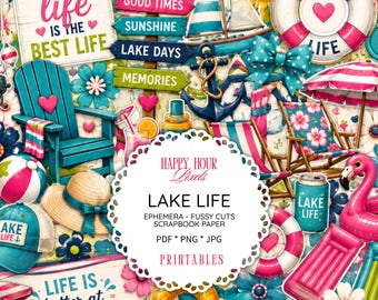 Summer Lake Life Ephemera, Fussy Cuts, Scrapbook Paper (PDF, PNG, JPG)