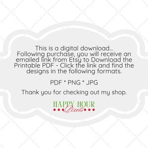 Puede incluir: Un letrero decorativo gris claro con borde festoneado y patr&oacute;n de diamantes blancos. El texto dice: This is a digital download... Following purchase, you will receive an emailed link from Etsy to Download the Printable PDF - Click the link and find the designs in the following formats. PDF * PNG * JPG. Thank you for checking out my shop. HAPPY HOUR Pixels.