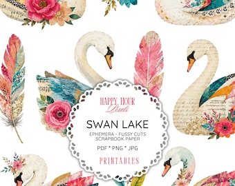Swan Lake Floral Ephemera, Fussy Cuts, Botanical Scrapbook Paper Printables